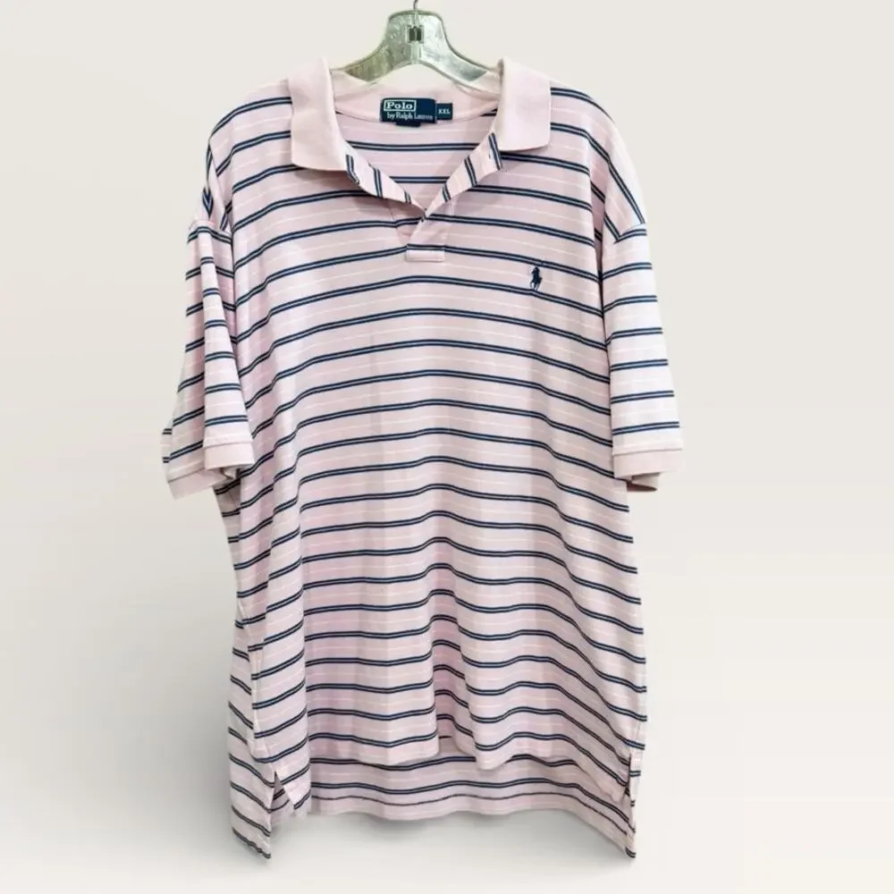 Ralph Lauren Polo Mens Size XXL Pink Navy Stripe Smooth Cotton Preppy Classic